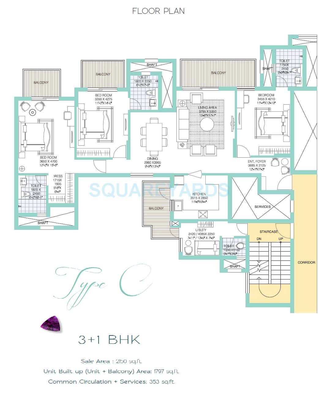 Floor plan of 3 BHK 2150 Sq. Ft. Apartment in ATS Tourmaline, Gurgaon