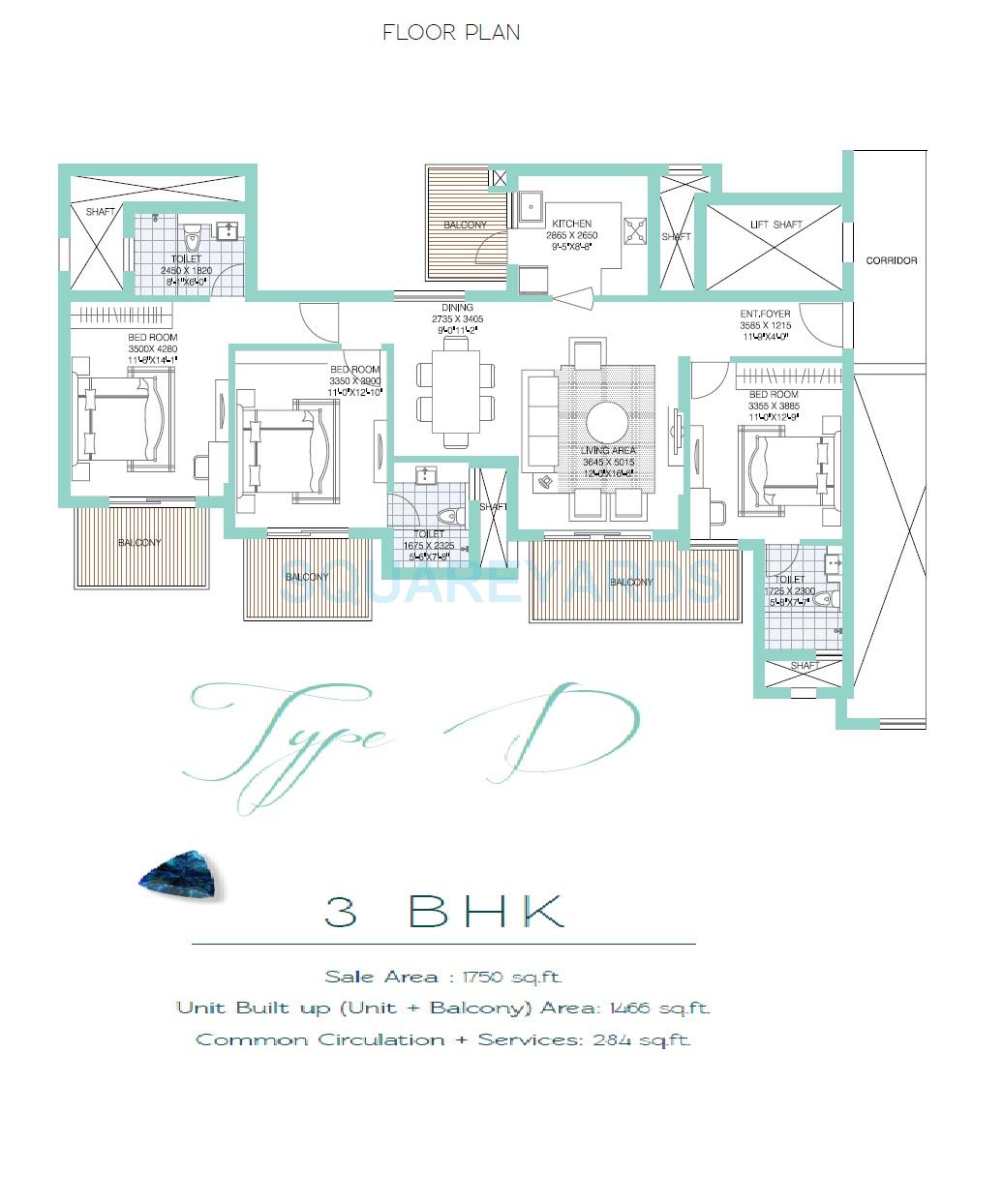 Floor plan of 3 BHK 1750 Sq. Ft. Apartment in ATS Tourmaline, Gurgaon