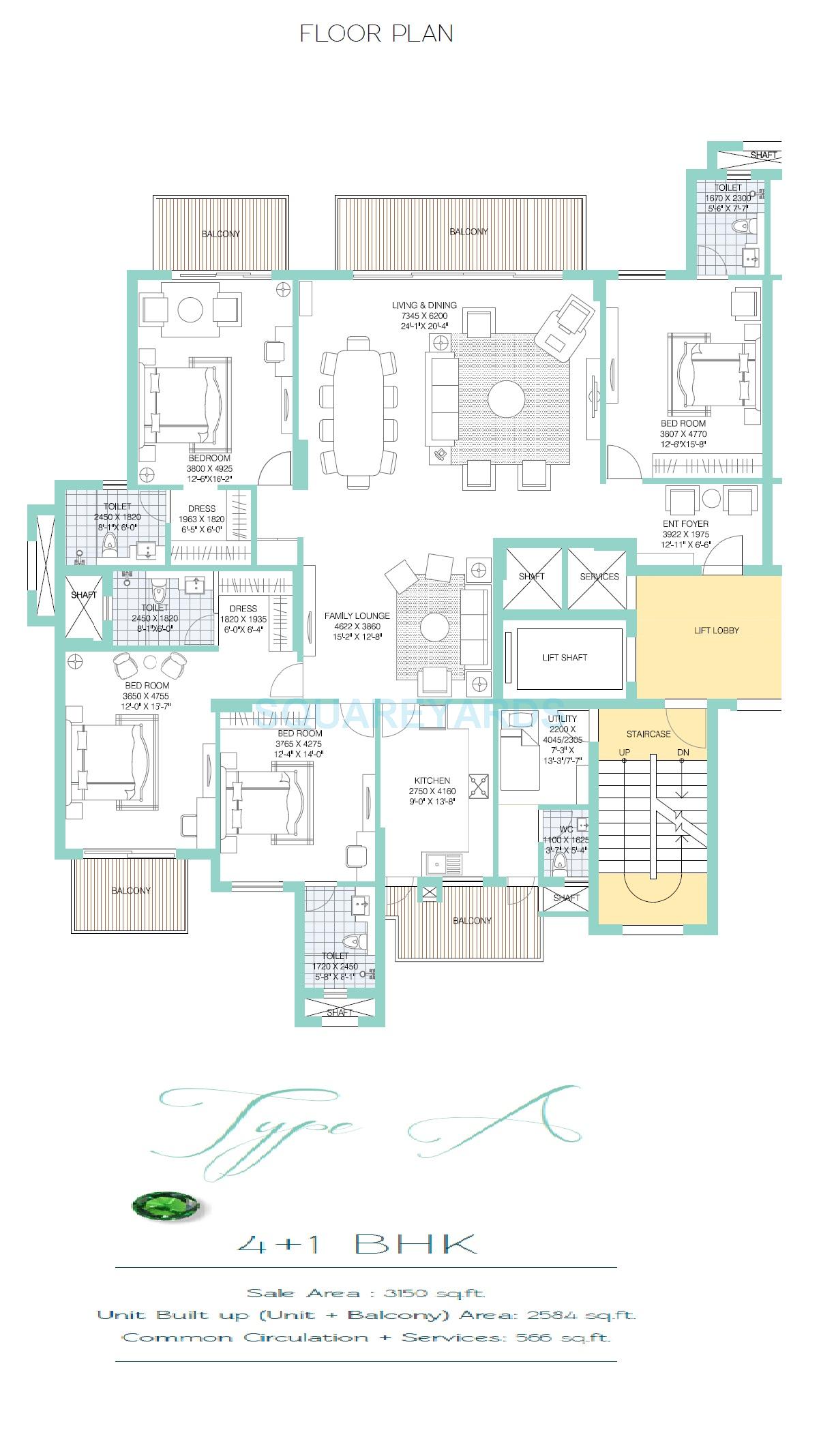 Floor plan of 4 BHK 3150 Sq. Ft. Apartment in ATS Tourmaline, Gurgaon
