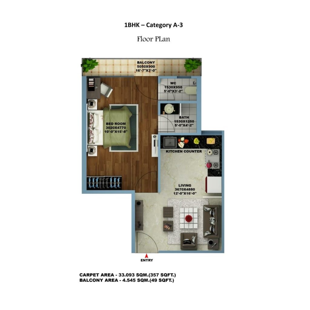 Floor plan of 1 BHK 406 Sq. Ft. Apartment in AVL 36 Gurgaon, Gurgaon