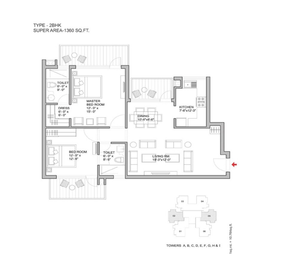 Floor plan of 2 BHK 1360 Sq. Ft. Apartment in Bestech Park View Ananda, Gurgaon