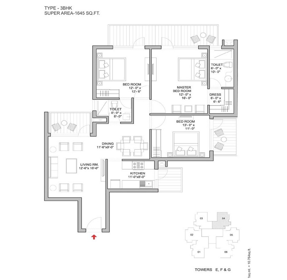 Floor plan of 3 BHK 1645 Sq. Ft. Apartment in Bestech Park View Ananda, Gurgaon