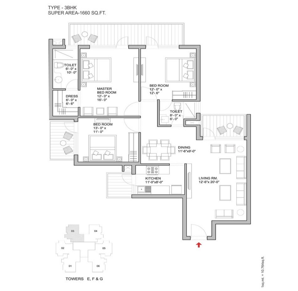 Floor plan of 3 BHK 1660 Sq. Ft. Apartment in Bestech Park View Ananda, Gurgaon