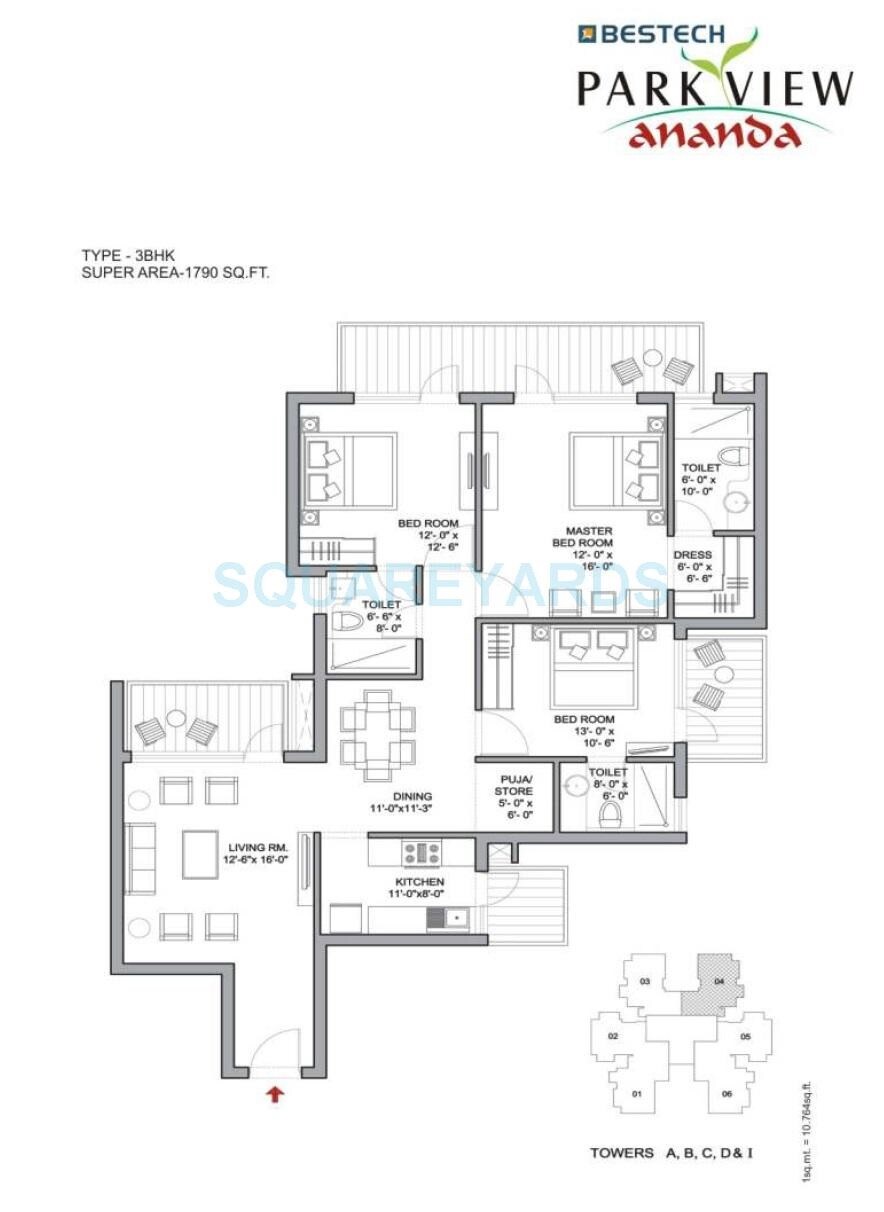 Floor plan of 3 BHK 1790 Sq. Ft. Apartment in Bestech Park View Ananda, Gurgaon