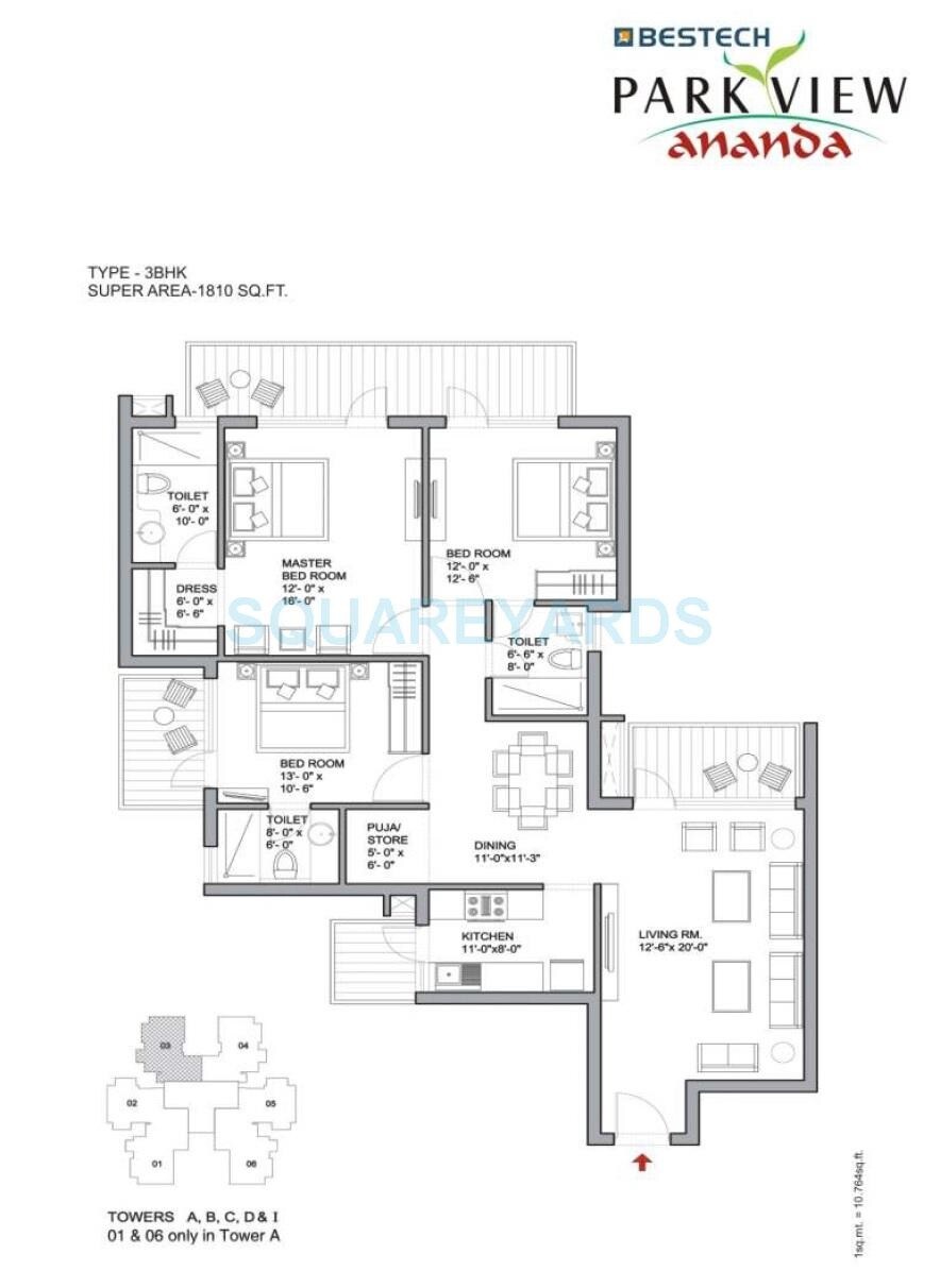 Floor plan of 3 BHK 1810 Sq. Ft. Apartment in Bestech Park View Ananda, Gurgaon