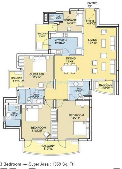 Floor plan of 3 BHK 1859 Sq. Ft. Apartment in Bestech Park View City 2, Gurgaon