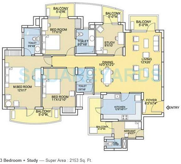 Floor plan of 3 BHK 2153 Sq. Ft. Apartment in Bestech Park View City 2, Gurgaon