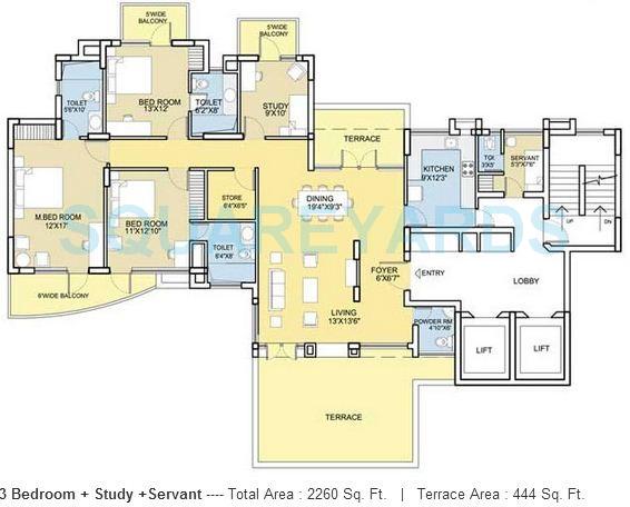 Floor plan of 3 BHK 2260 Sq. Ft. Apartment in Bestech Park View City 2, Gurgaon