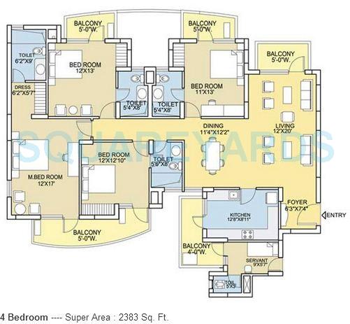Floor plan of 4 BHK 2383 Sq. Ft. Apartment in Bestech Park View City 2, Gurgaon