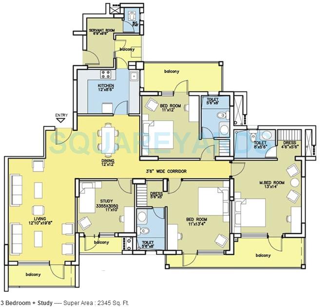 Floor plan of 3 BHK 2345 Sq. Ft. Apartment in Bestech Park View City 1, Gurgaon