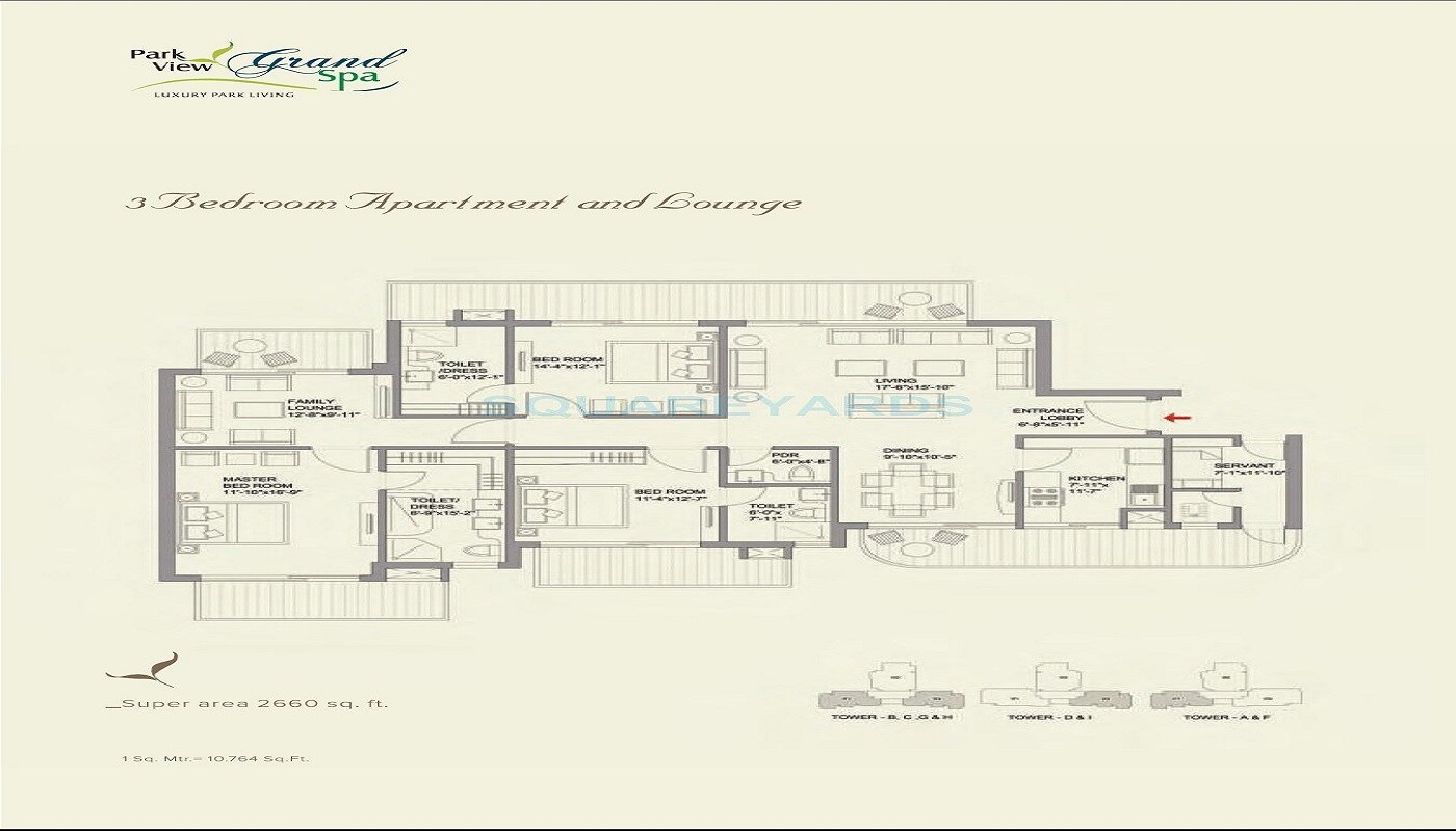 Floor plan of 3 BHK 2660 Sq. Ft. Apartment in Bestech Park View Grand Spa, Gurgaon