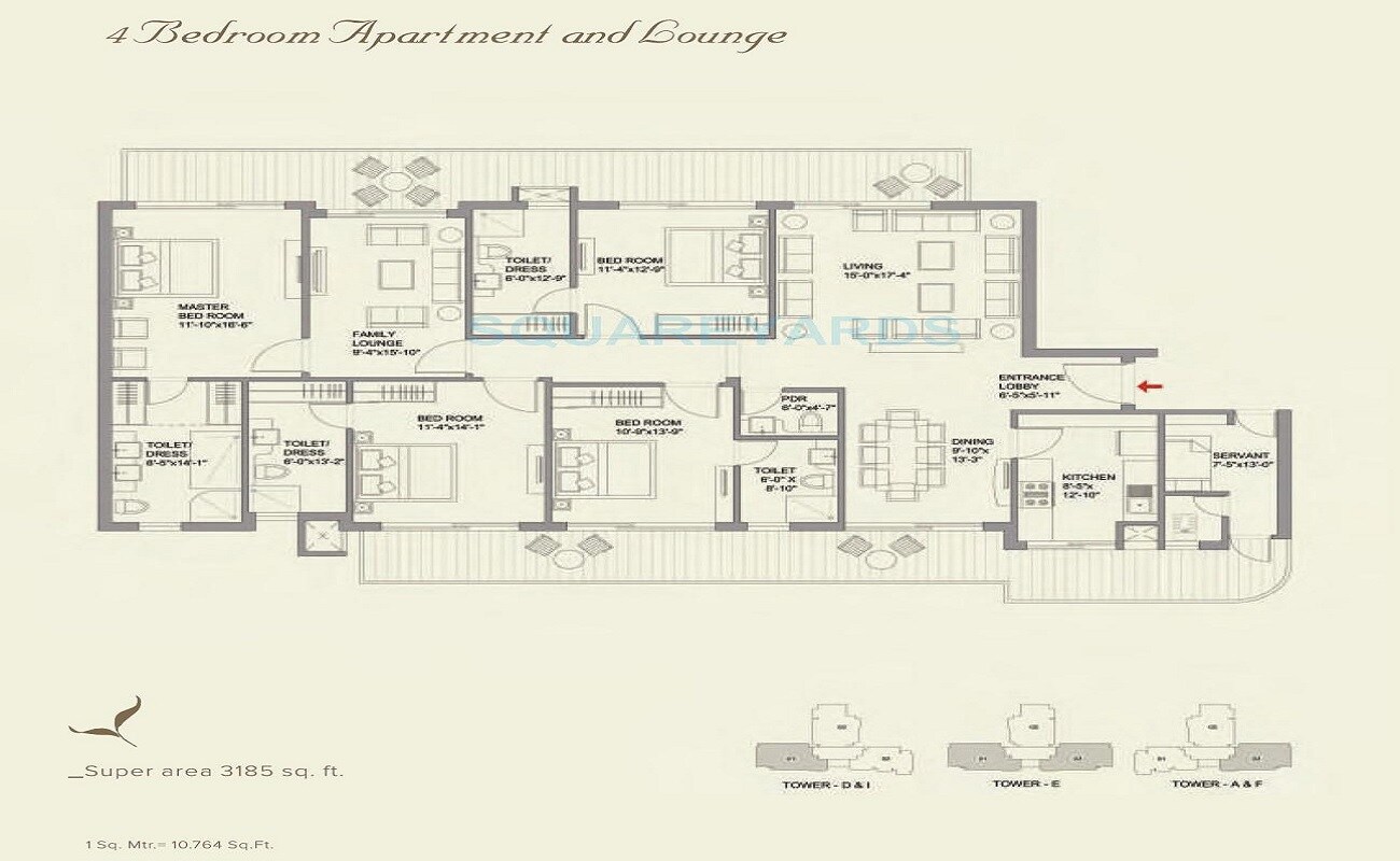 Floor plan of 4 BHK 3185 Sq. Ft. Apartment in Bestech Park View Grand Spa, Gurgaon