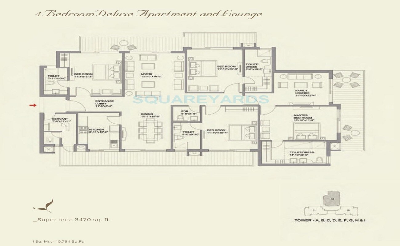 Floor plan of 4 BHK 3470 Sq. Ft. Apartment in Bestech Park View Grand Spa, Gurgaon