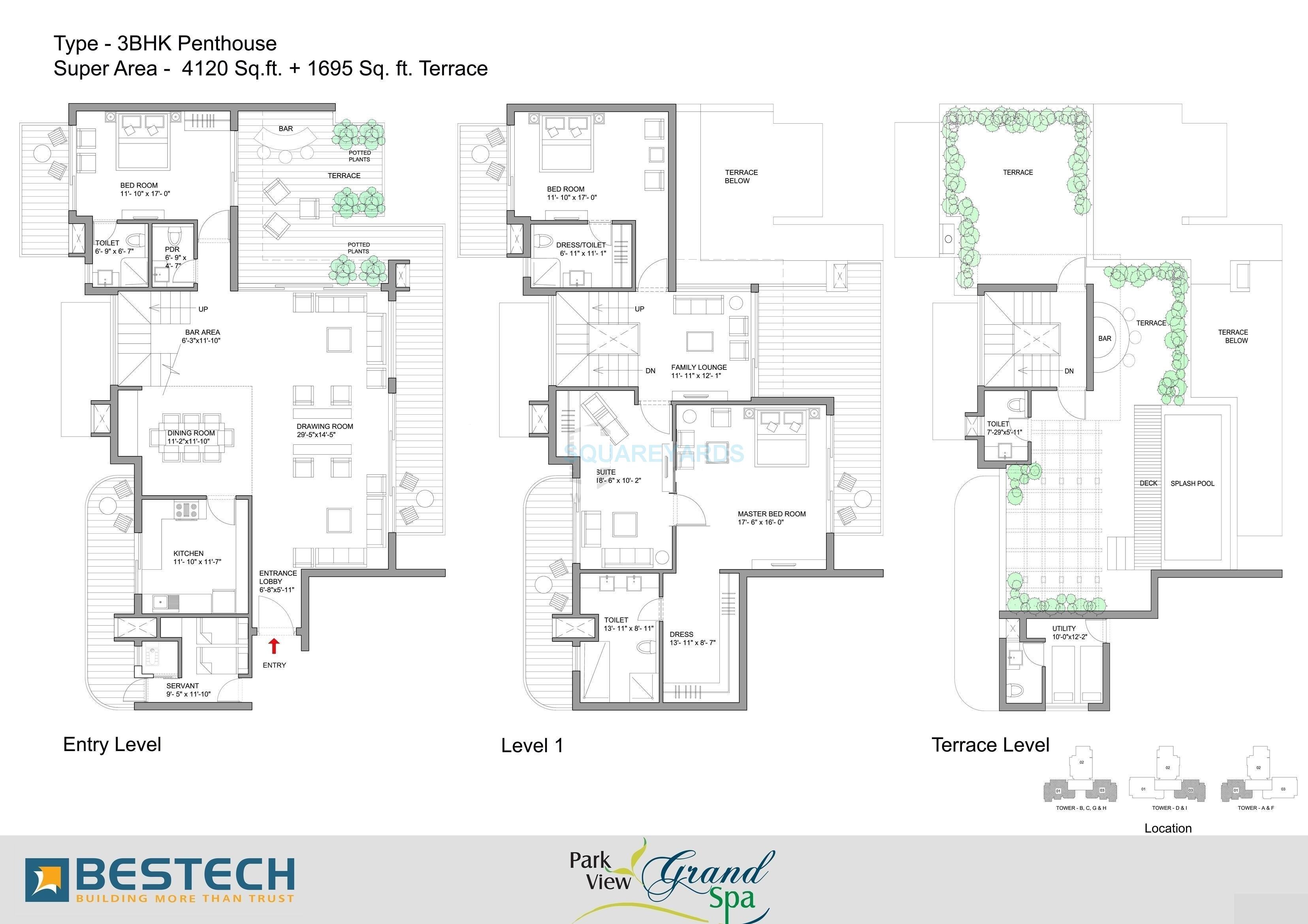 Floor plan of 3 BHK 4120 Sq. Ft. Penthouse in Bestech Park View Grand Spa, Gurgaon