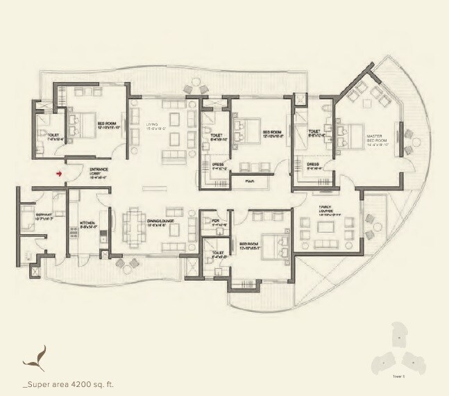 Floor plan of 4 BHK 4200 Sq. Ft. Apartment in Bestech Park View Grand Spa, Gurgaon