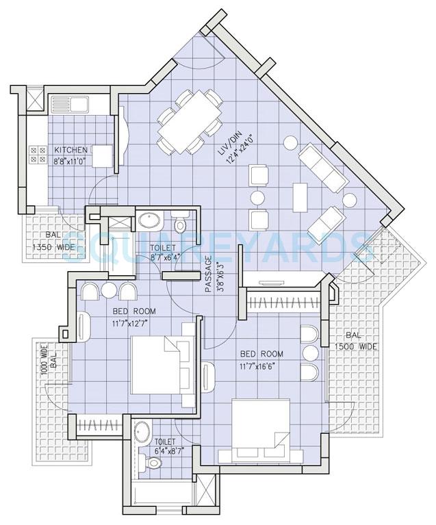 Floor plan of 2 BHK 1415 Sq. Ft. Apartment in Bestech Park View Residency, Gurgaon