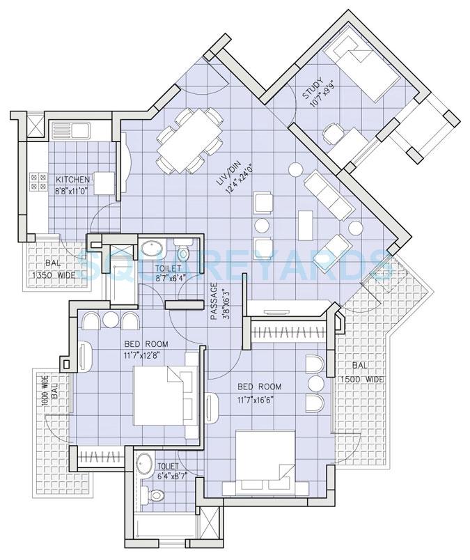 Floor plan of 2 BHK 1565 Sq. Ft. Apartment in Bestech Park View Residency, Gurgaon