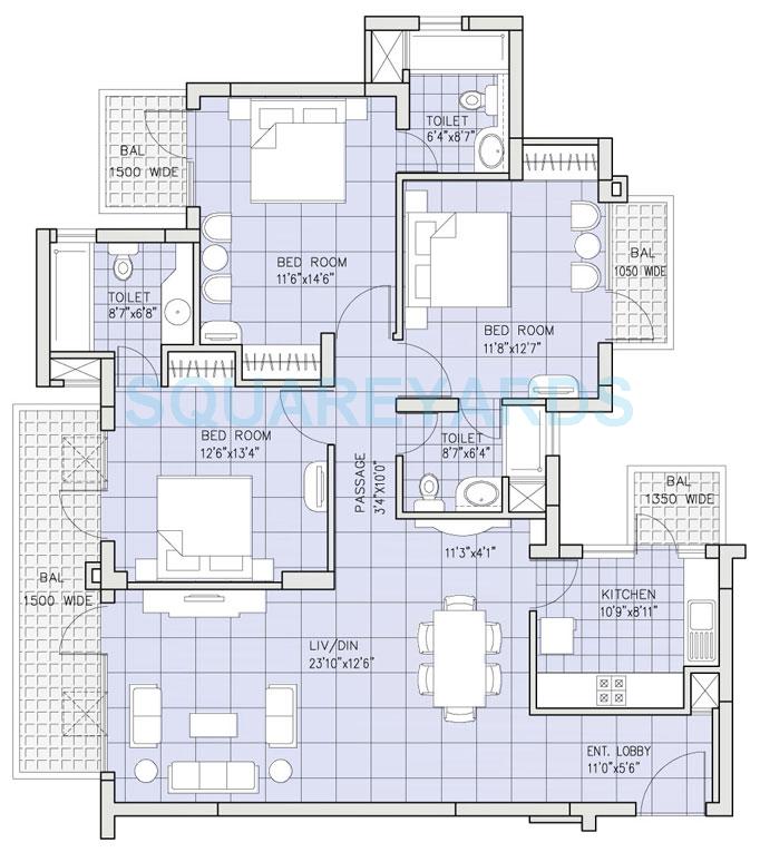 Floor plan of 3 BHK 1780 Sq. Ft. Apartment in Bestech Park View Residency, Gurgaon