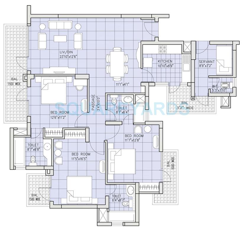 Floor plan of 3 BHK 1920 Sq. Ft. Apartment in Bestech Park View Residency, Gurgaon