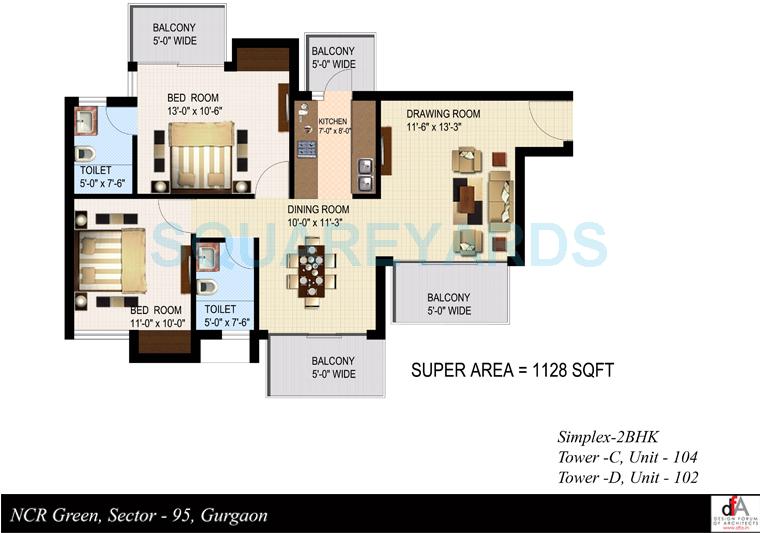 Floor plan of 2 BHK 1128 Sq. Ft. Apartment in Sidhartha NCR Green, Gurgaon