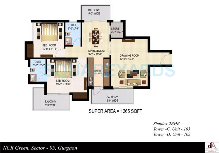 Floor plan of 2 BHK 1265 Sq. Ft. Apartment in Sidhartha NCR Green, Gurgaon
