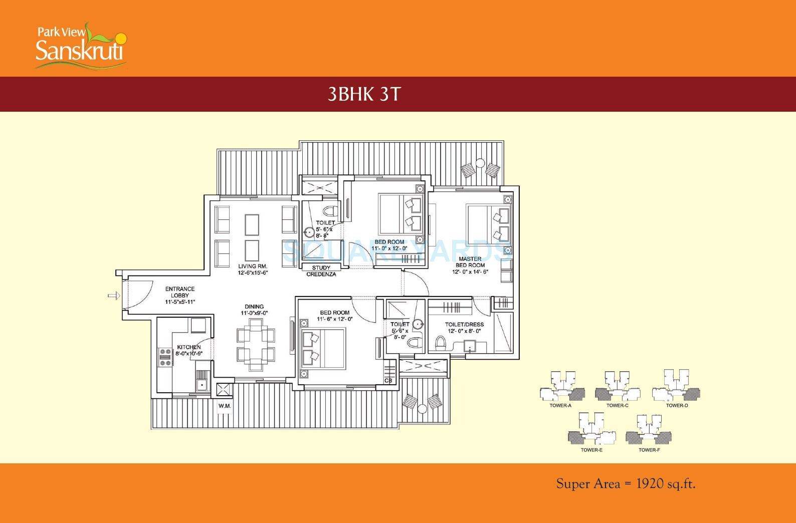 Floor plan of 3 BHK 1920 Sq. Ft. Apartment in Bestech Park View Sanskruti, Gurgaon