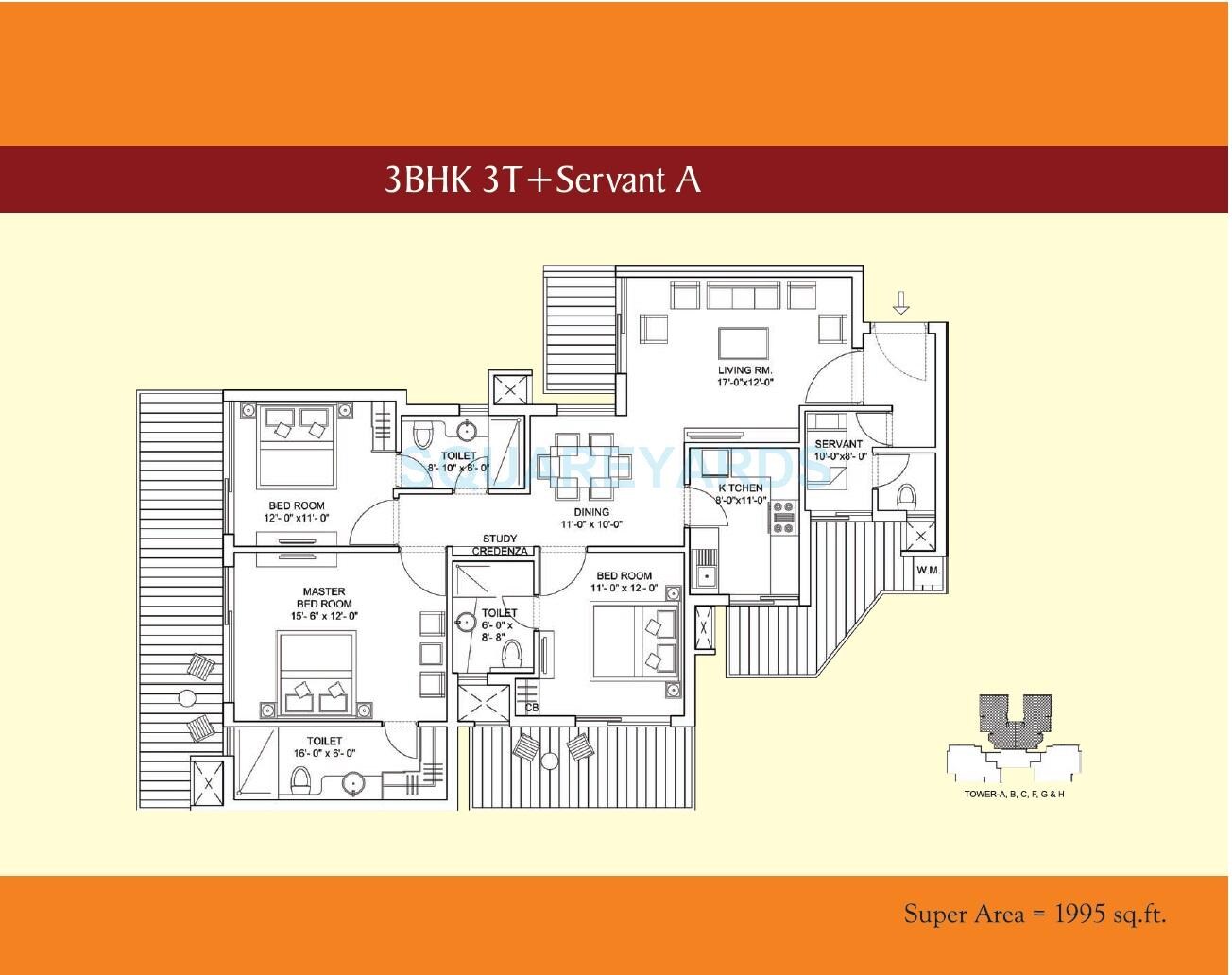 Floor plan of 3 BHK 1995 Sq. Ft. Apartment in Bestech Park View Sanskruti, Gurgaon