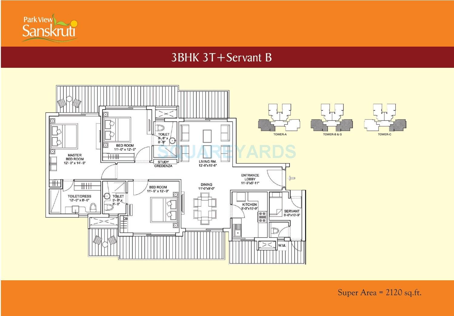 Floor plan of 3 BHK 2120 Sq. Ft. Apartment in Bestech Park View Sanskruti, Gurgaon