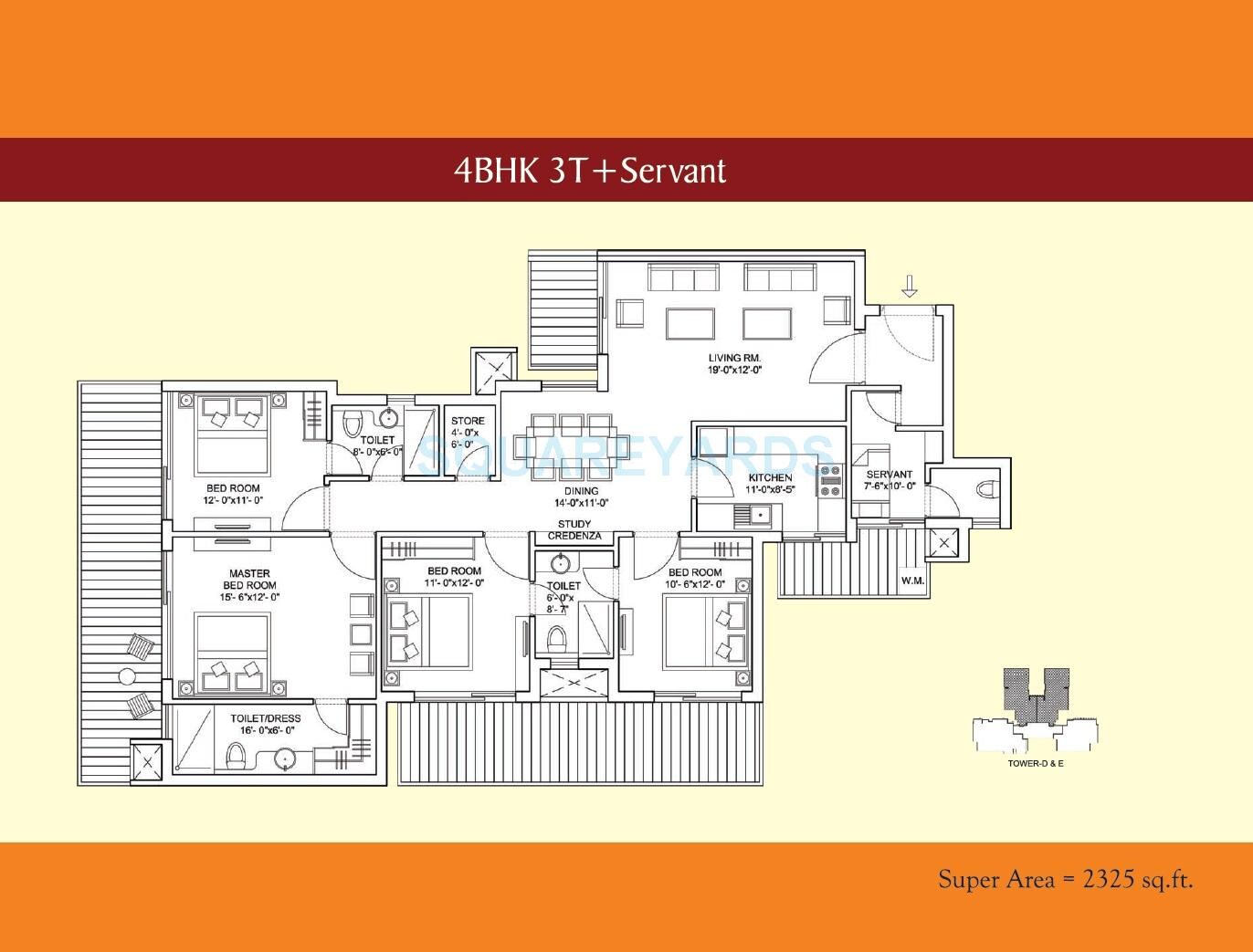 Floor plan of 4 BHK 2325 Sq. Ft. Apartment in Bestech Park View Sanskruti, Gurgaon