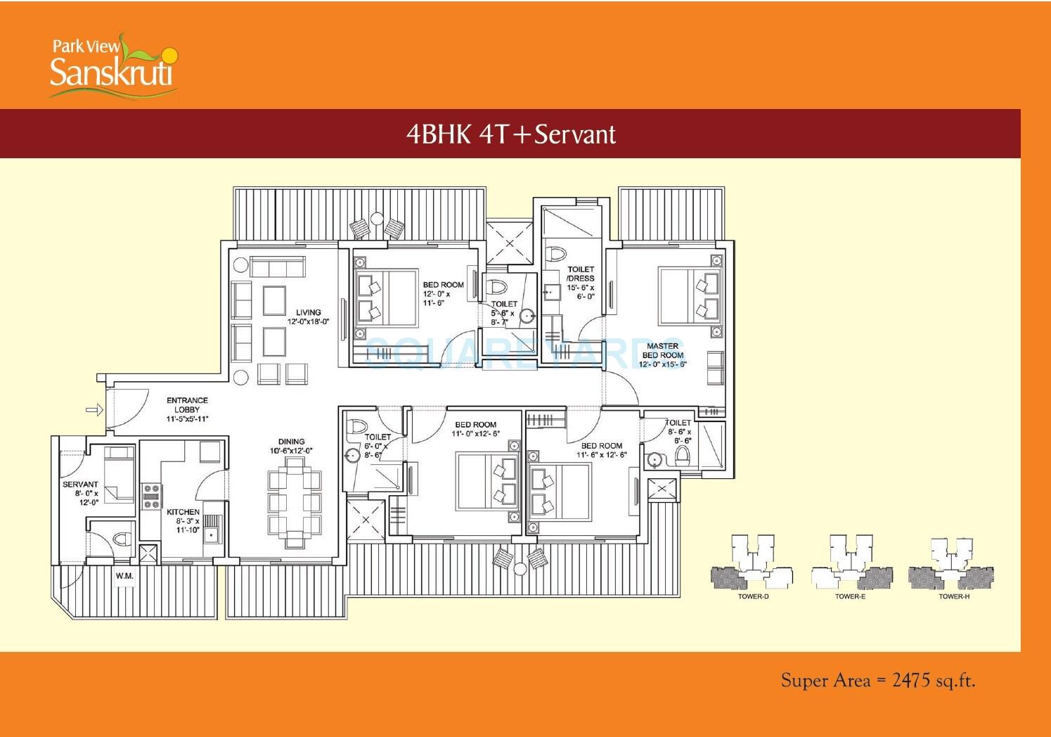 Floor plan of 4 BHK 2475 Sq. Ft. Apartment in Bestech Park View Sanskruti, Gurgaon