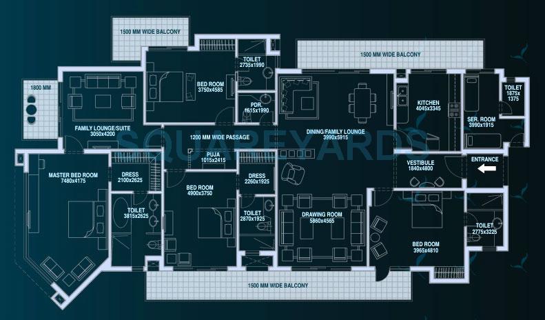 Floor plan of 4 BHK 3715 Sq. Ft. Apartment in Bestech Park View Spa, Gurgaon
