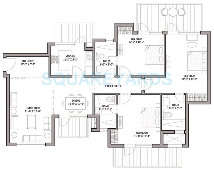 Floor plan of 3 BHK 1790 Sq. Ft. Apartment in Bestech Park View Spa Next, Gurgaon