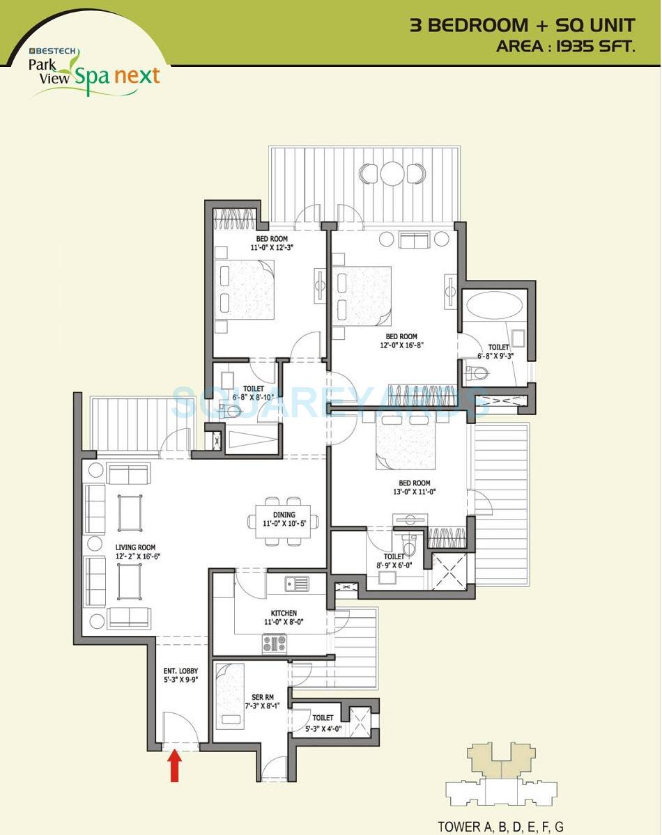 Floor plan of 3 BHK 1935 Sq. Ft. Apartment in Bestech Park View Spa Next, Gurgaon