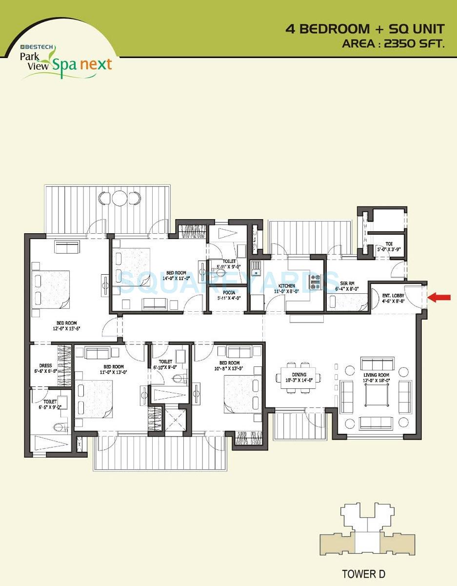 Floor plan of 4 BHK 2350 Sq. Ft. Apartment in Bestech Park View Spa Next, Gurgaon