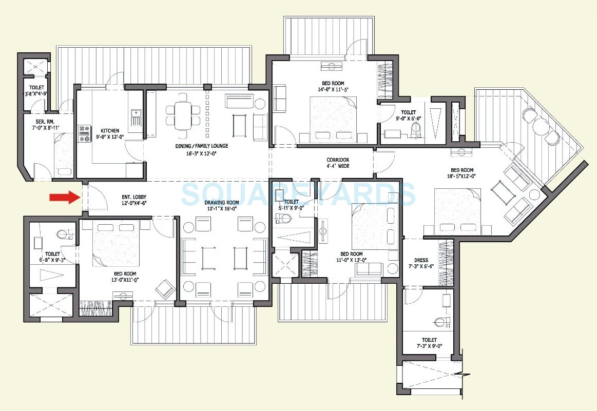 Floor plan of 4 BHK 2685 Sq. Ft. Apartment in Bestech Park View Spa Next, Gurgaon