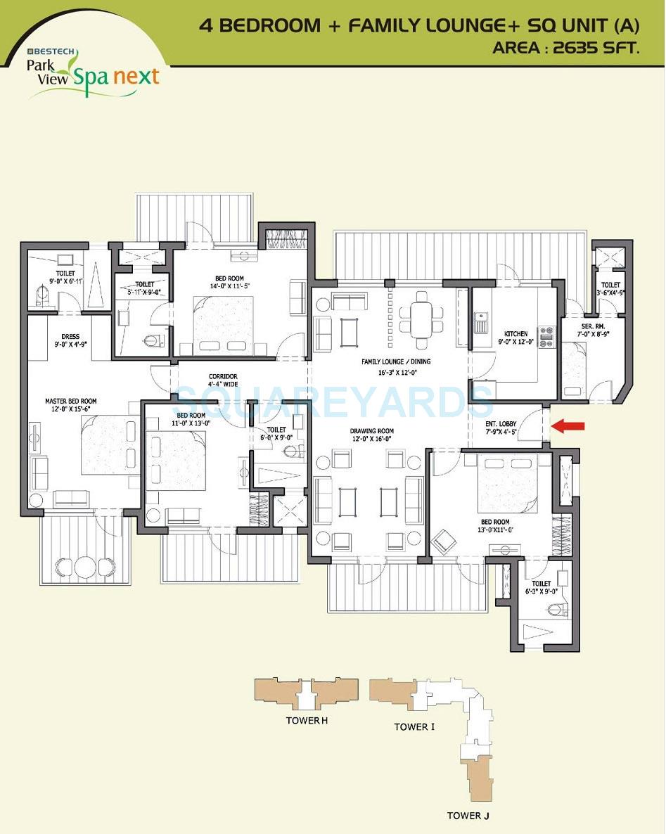 Floor plan of 4 BHK 2635 Sq. Ft. Apartment in Bestech Park View Spa Next, Gurgaon