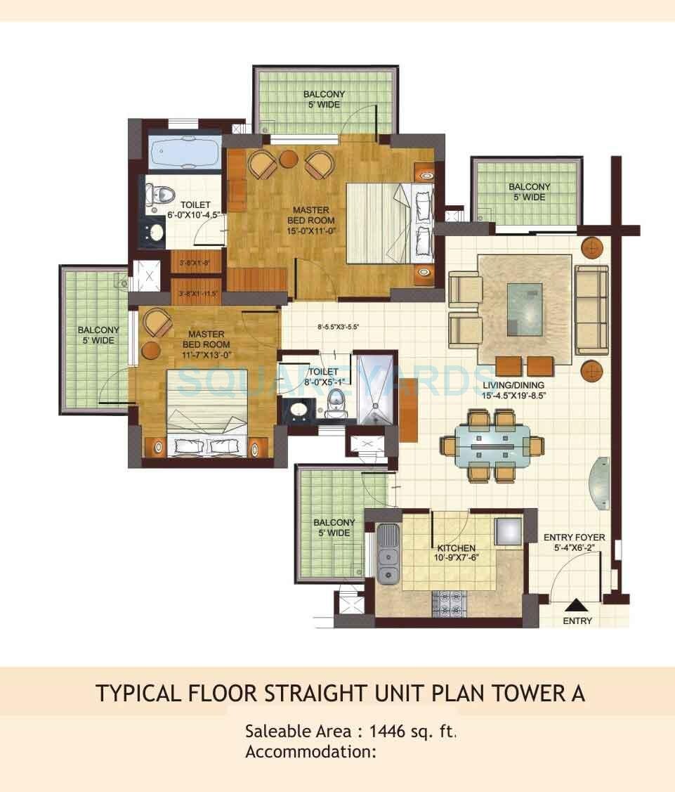 Floor plan of 2 BHK 1446 Sq. Ft. Apartment in BPTP Freedom Park Life, Gurgaon