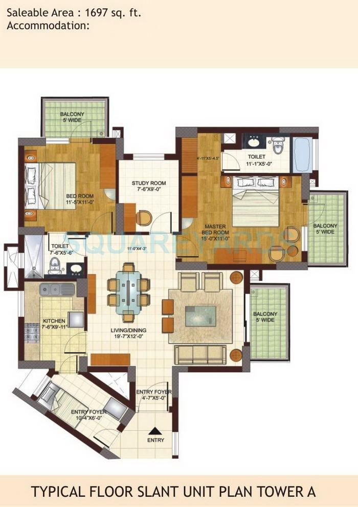 Floor plan of 2 BHK 1697 Sq. Ft. Apartment in BPTP Freedom Park Life, Gurgaon