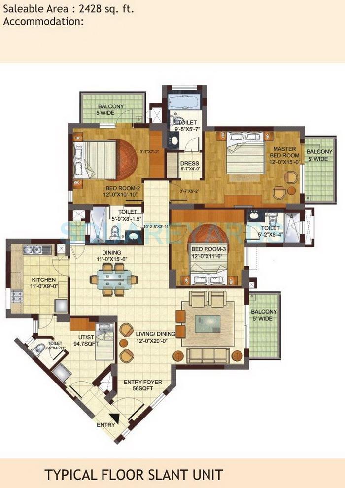 Floor plan of 3 BHK 2428 Sq. Ft. Apartment in BPTP Freedom Park Life, Gurgaon