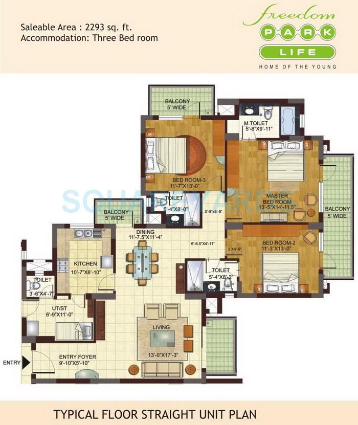 Floor plan of 3 BHK 2293 Sq. Ft. Apartment in BPTP Freedom Park Life, Gurgaon