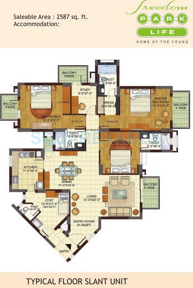 Floor plan of 3 BHK 2587 Sq. Ft. Apartment in BPTP Freedom Park Life, Gurgaon