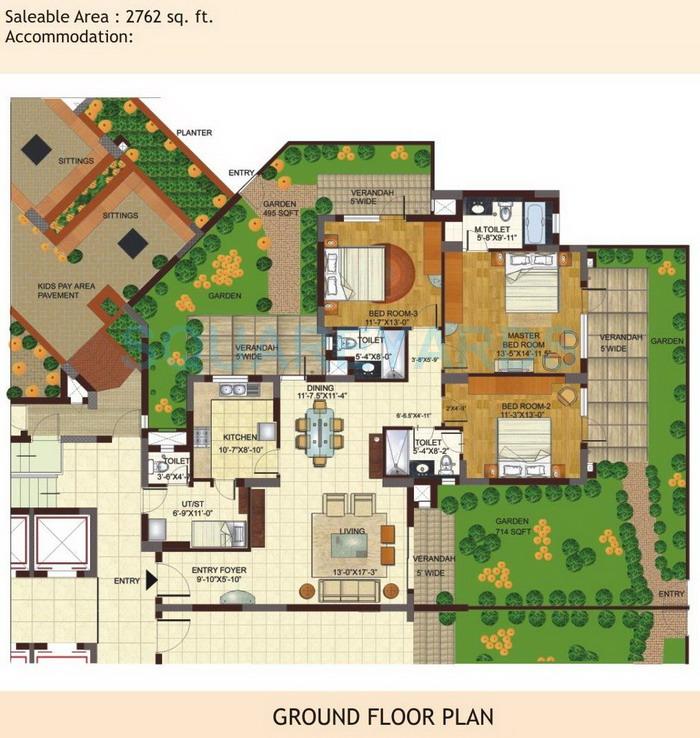 Floor plan of 3 BHK 2762 Sq. Ft. Apartment in BPTP Freedom Park Life, Gurgaon