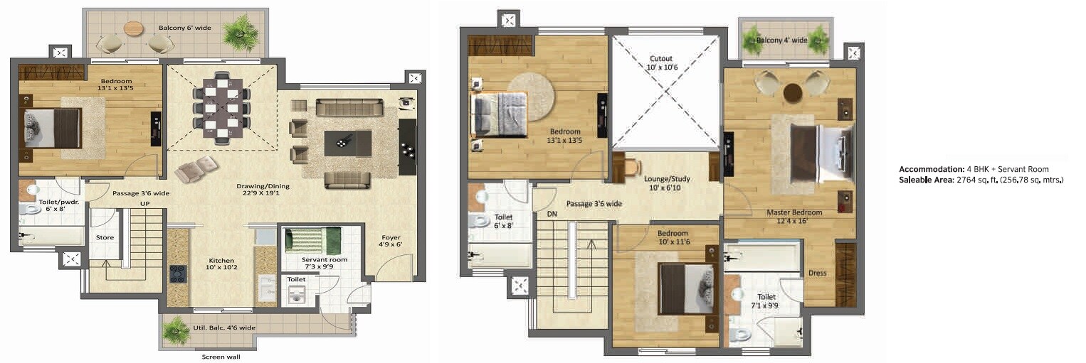 Floor plan of 4 BHK 2764 Sq. Ft. Apartment in BPTP Mansions, Gurgaon