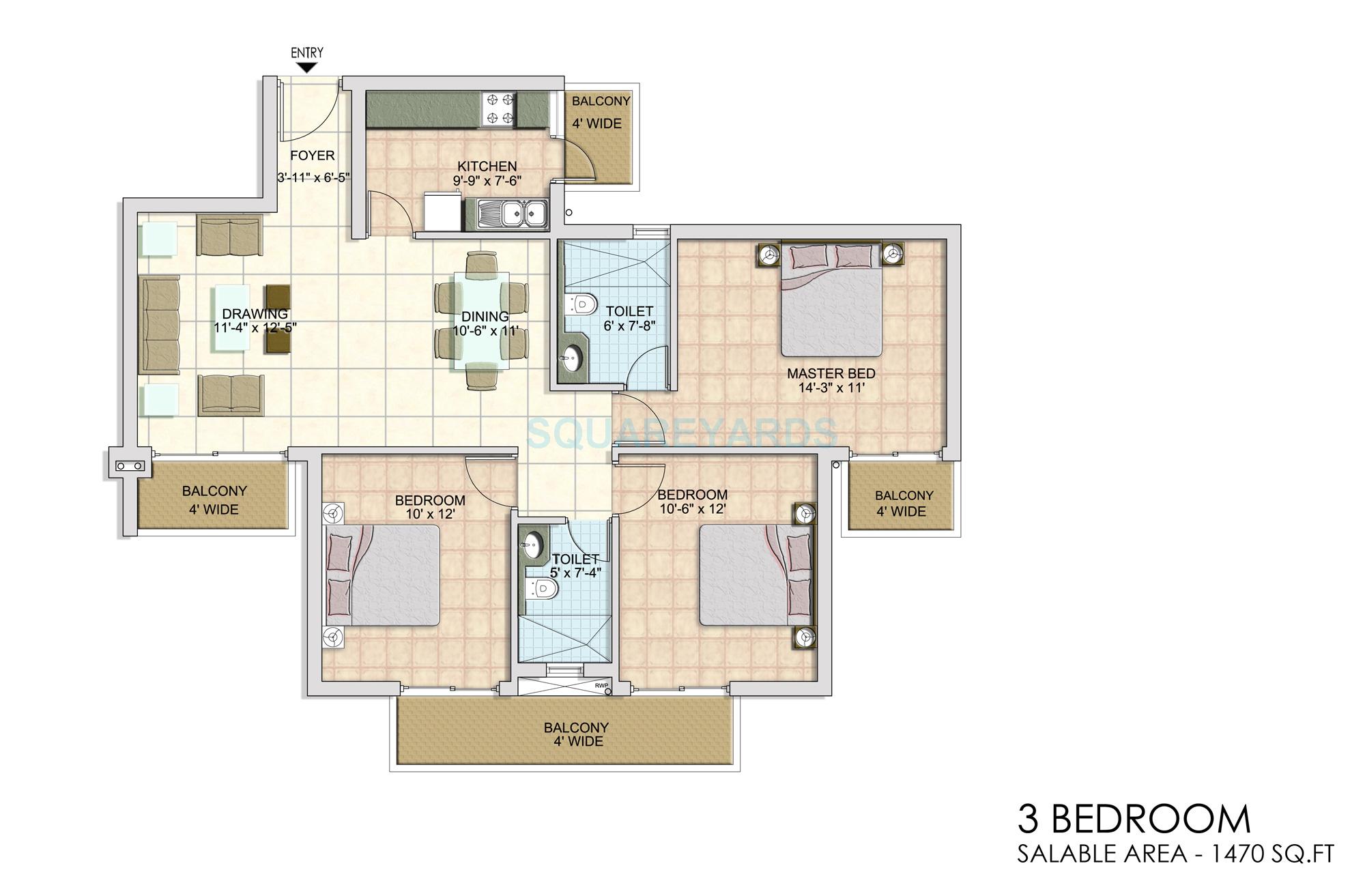 Floor plan of 3 BHK 1470 Sq. Ft. Apartment in BPTP Park Generations, Gurgaon