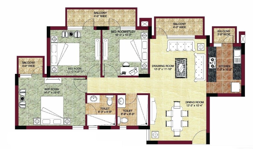 Floor plan of 3 BHK 1442 Sq. Ft. Apartment in BPTP Park Prime, Gurgaon