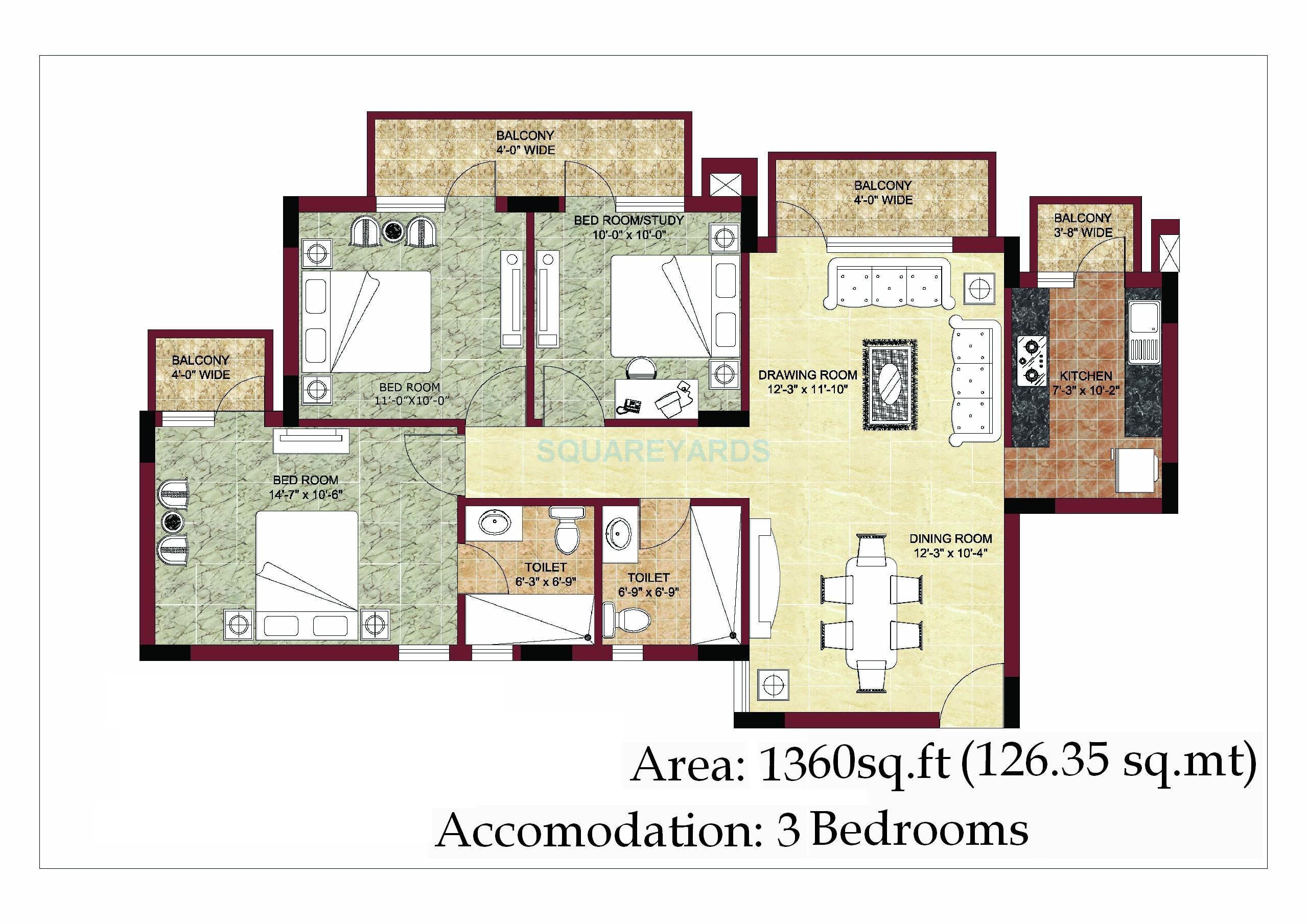Floor plan of 3 BHK 1360 Sq. Ft. Apartment in BPTP Park Prime, Gurgaon