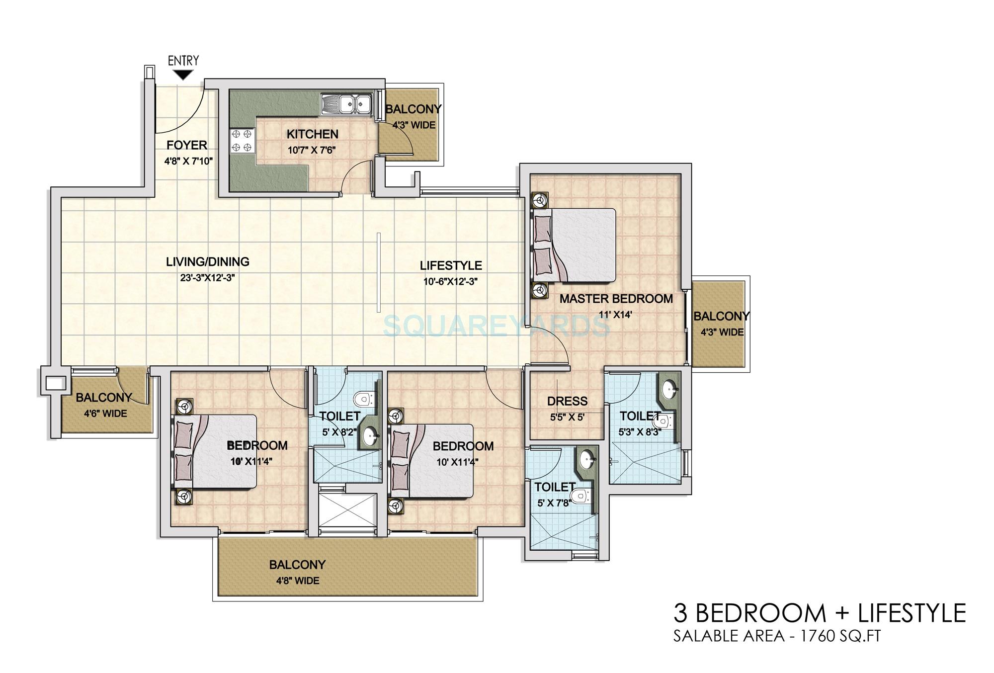 Floor plan of 3 BHK 1760 Sq. Ft. Apartment in BPTP Park Generations, Gurgaon