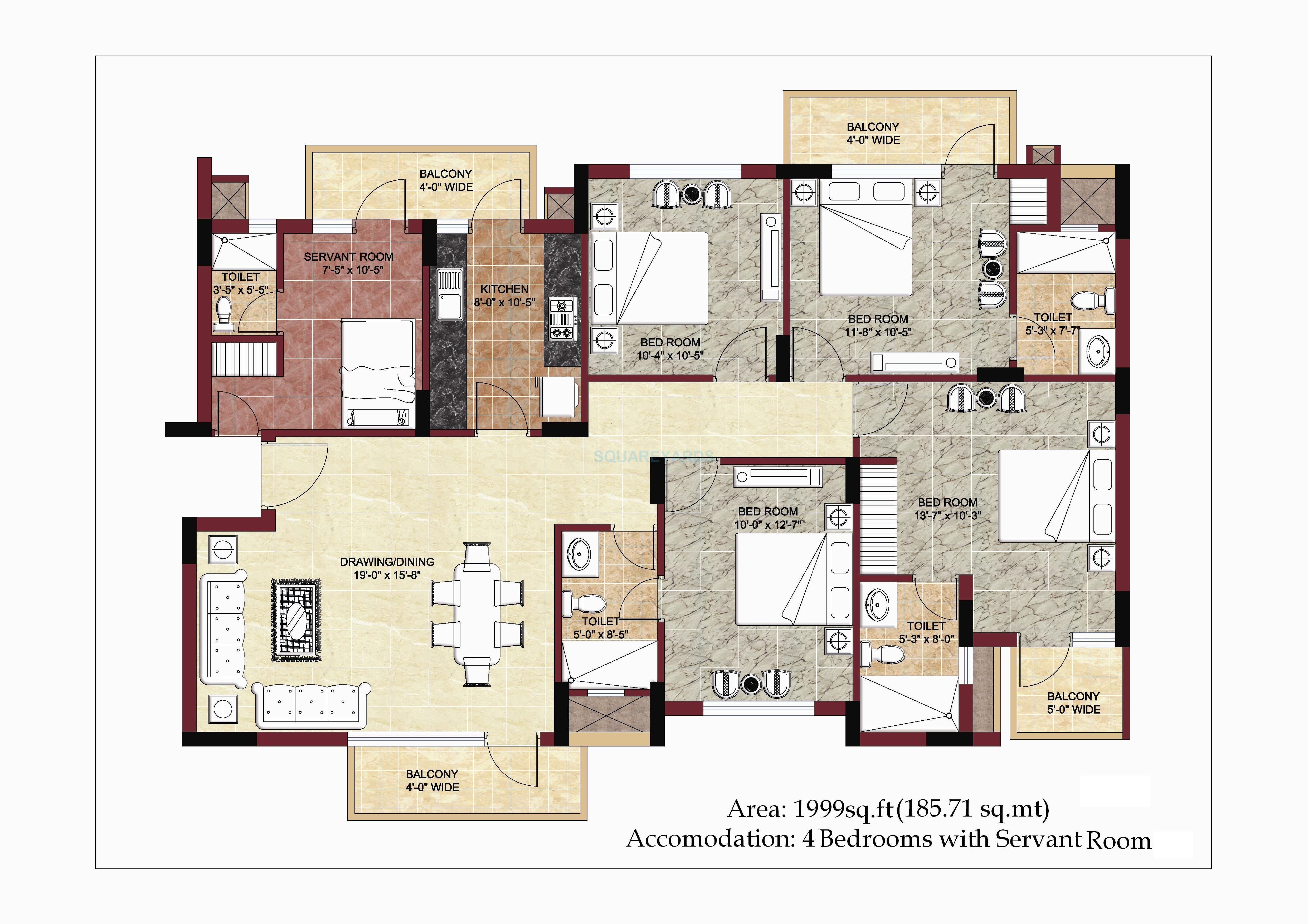 Floor plan of 4 BHK 1999 Sq. Ft. Apartment in BPTP Park Prime, Gurgaon
