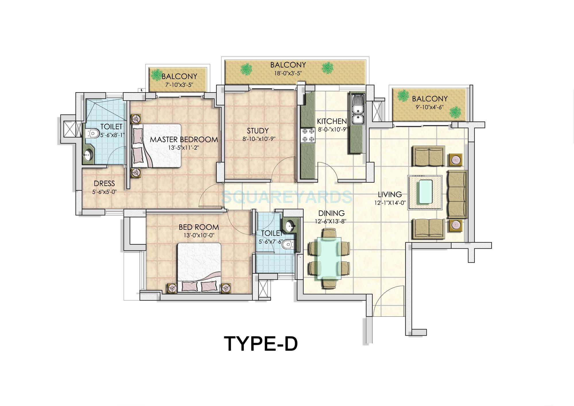 Floor plan of 2 BHK 1488 Sq. Ft. Apartment in BPTP Park Serene, Gurgaon