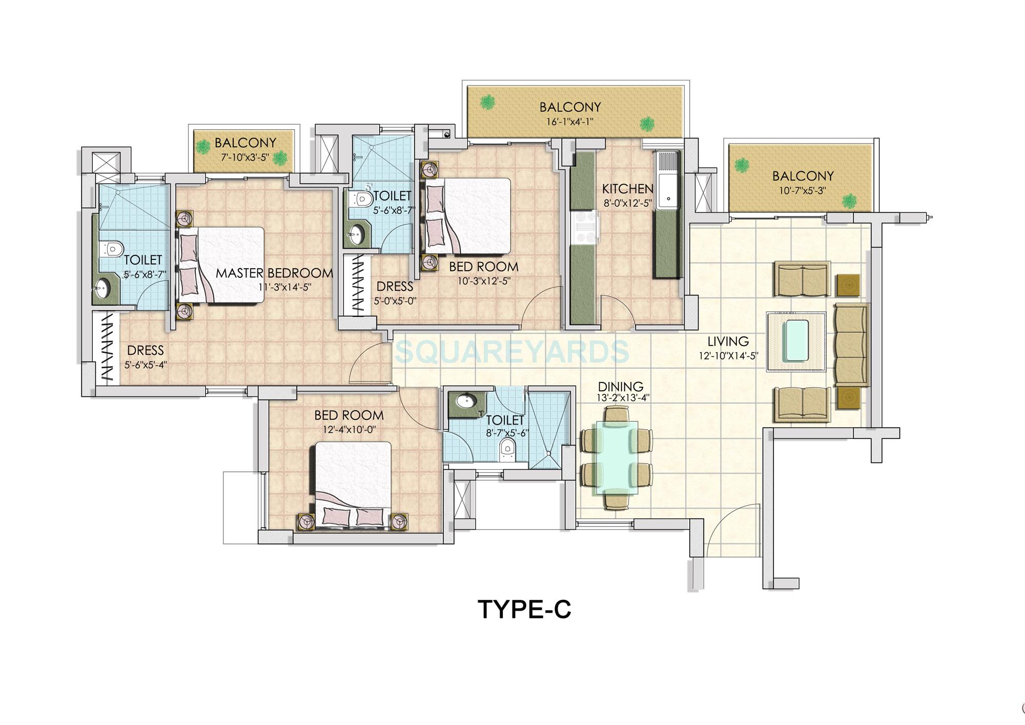 Floor plan of 3 BHK 1788 Sq. Ft. Apartment in BPTP Park Serene, Gurgaon
